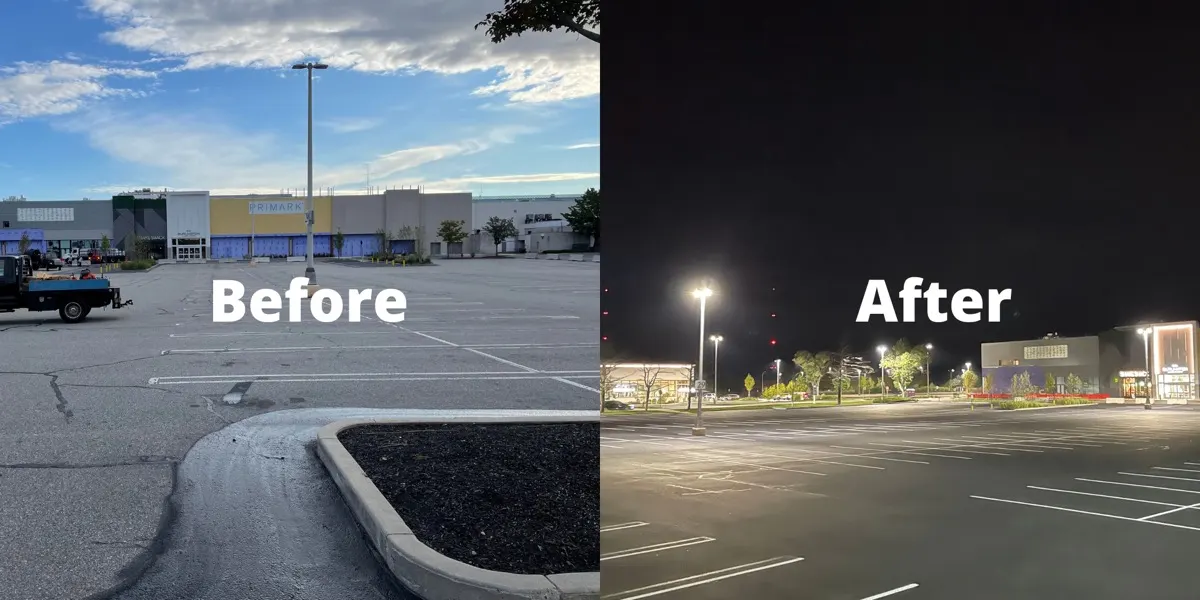 Commercial parking lot before and after repaving and new lighting